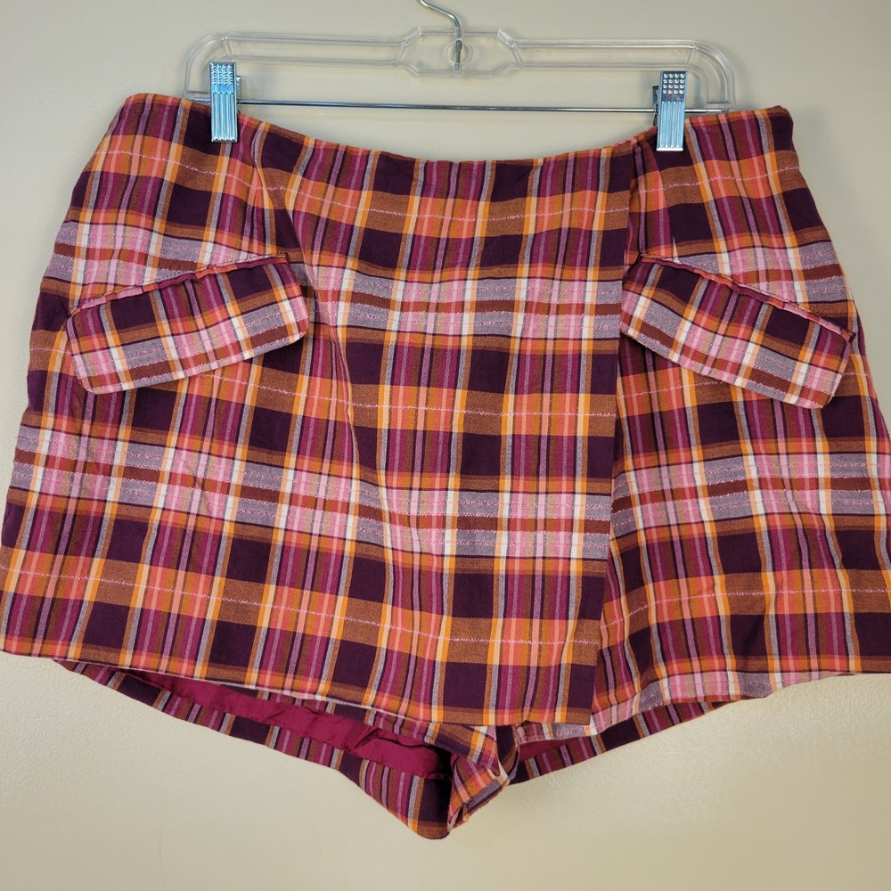 Maeve Anthropologie Plaid‎ Wrap Skort Purple Orange Pink Petite 16P Front Flap